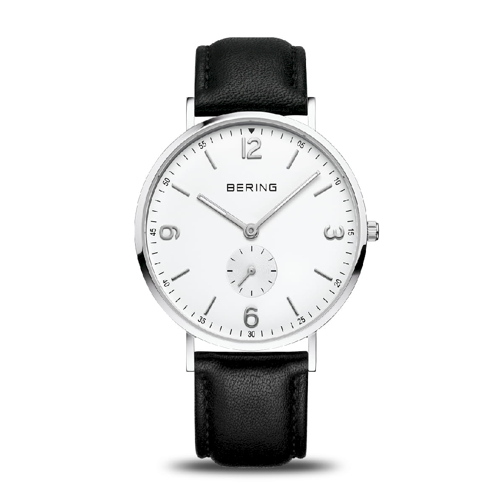Montre cuir noir, acier inoxydable, fond blanc
