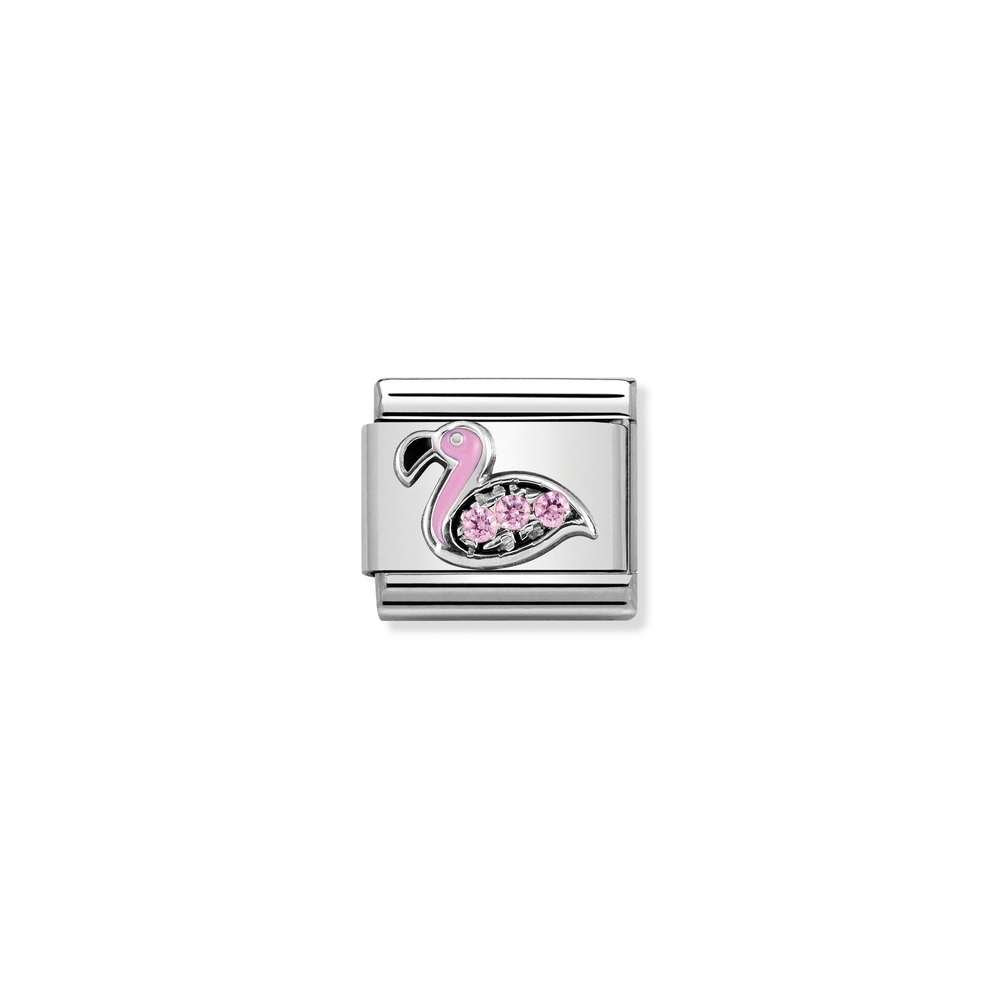 Maille classique flamand rose, acier inoxydable, argent, zircons roses, émail rose et noir - 33030431 - NOMINATION
