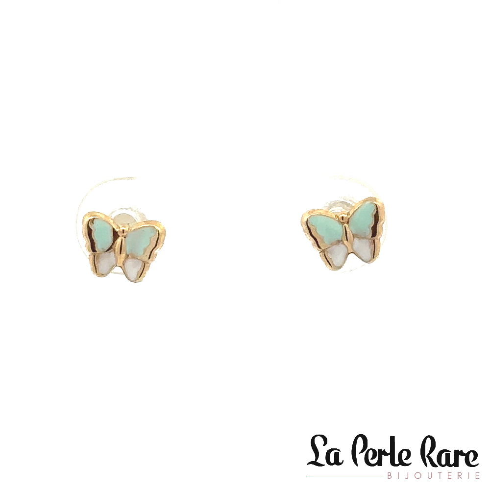 Boucles d'oreilles fixes vissées papillons, or jaune 10 carats, émail vert et blanc - 8994-VERT - Exclusivités