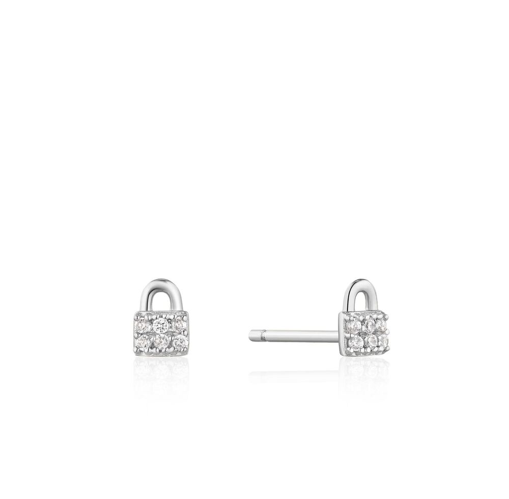 Boucles d'oreilles fixes cadenas en argent rhodié avec zircons - E032-03H - Ania Haie