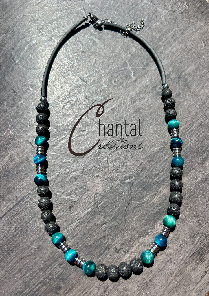 Collier Patrick turquoise, pierre de lave, oeil-de-tigre turquoise, acier inoxydable, pvc