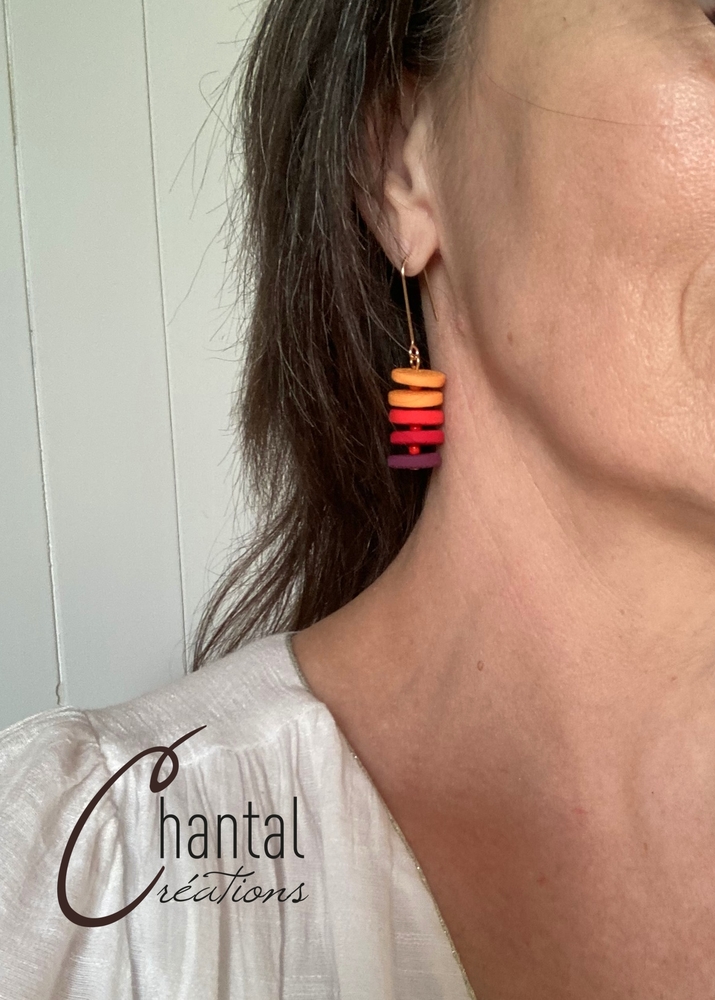 Boucles d'oreilles pendantes Esther dégradée, argile polymère, laiton finition or - 25-BO-1 - Création Chantal