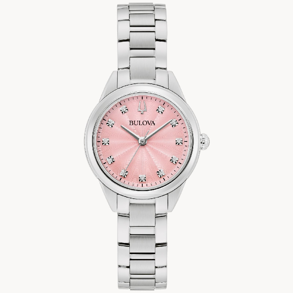 Montre acier inoxydable, fond rose, diamants - 96P249 - Bulova