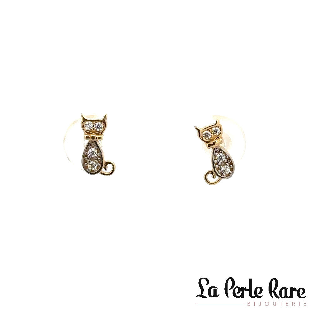 Boucles d'oreilles fixes chats, or 2 tons (jaune/blanc) 10 carats, zircons incolores - EOZ-1365-2T - Exclusivités