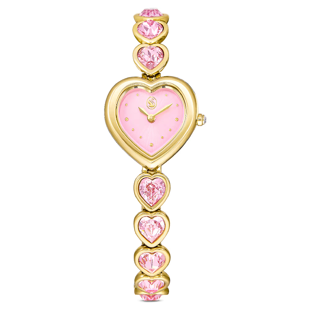Montre coeur, métal doré, fond rose, cristaux roses