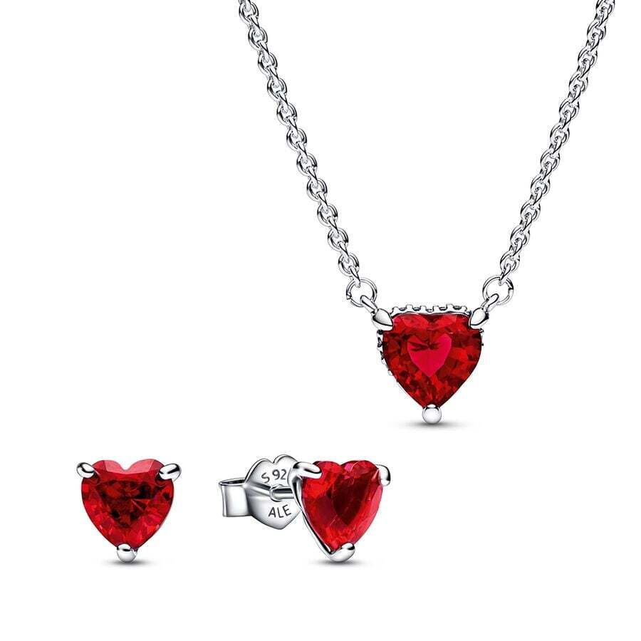 Ensemble-cadeau coeur rouge, collier/bo, argent, zircons rouges Ensemble-cadeau coeur rouge, collier/bo, argent, zircons rouges