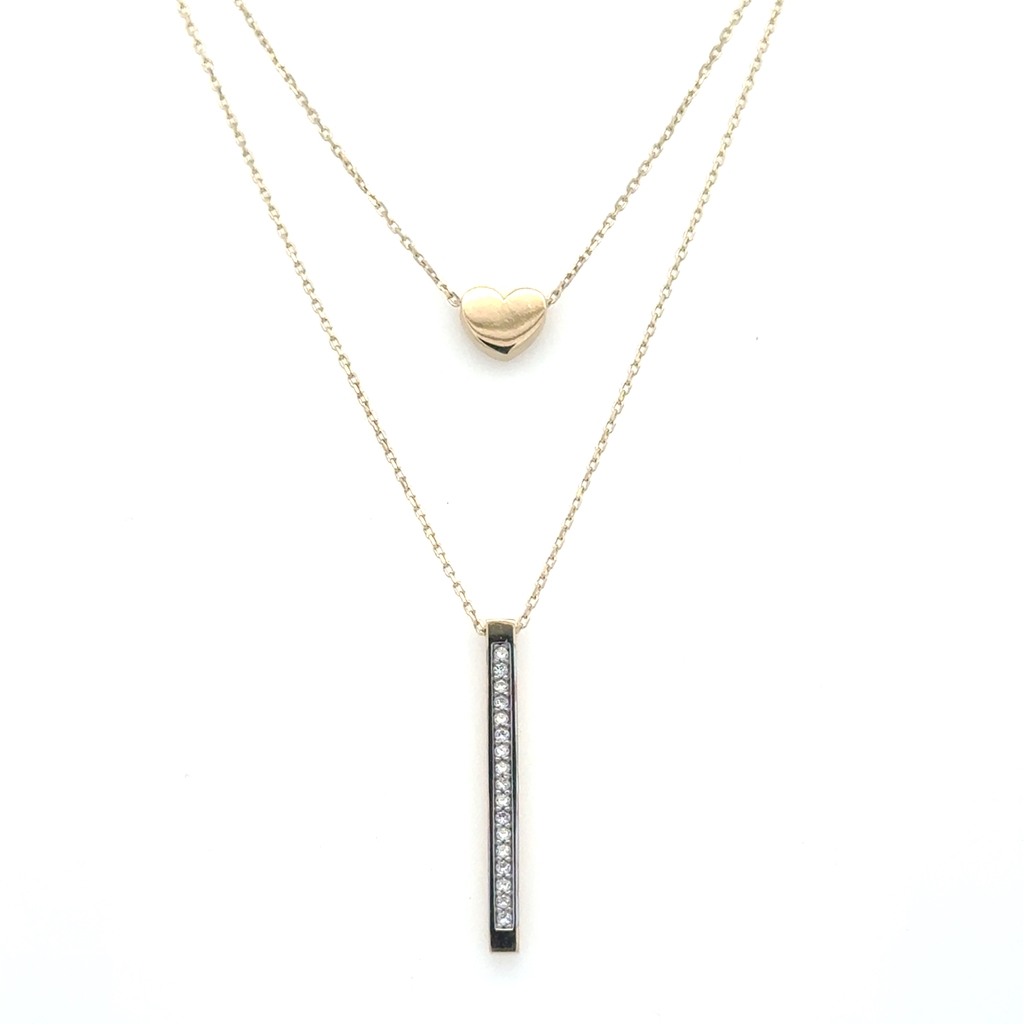 Collier double avec barre et coeur, or jaune 10 carats, zircons incolores