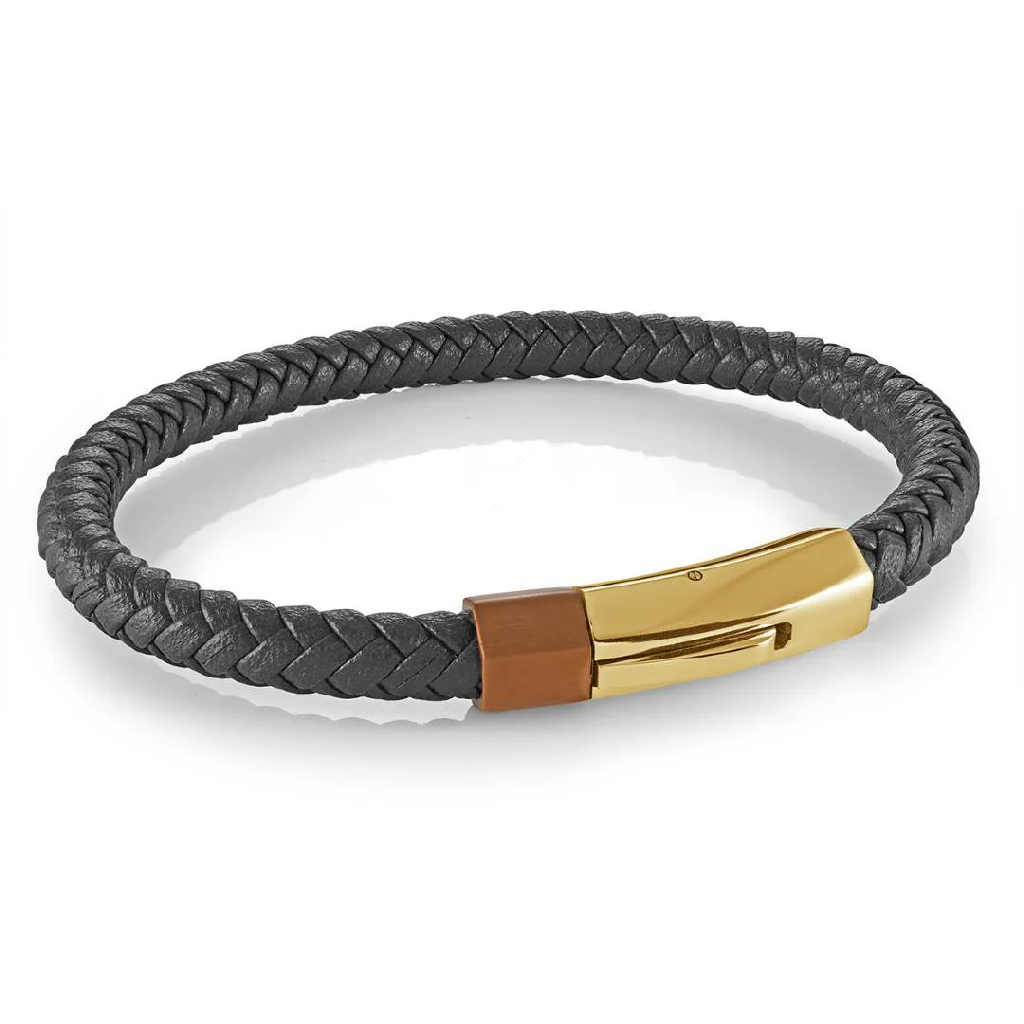 Bracelet cuir brun tressé, acier inoxydable 2 tons (jaune et cuivré)