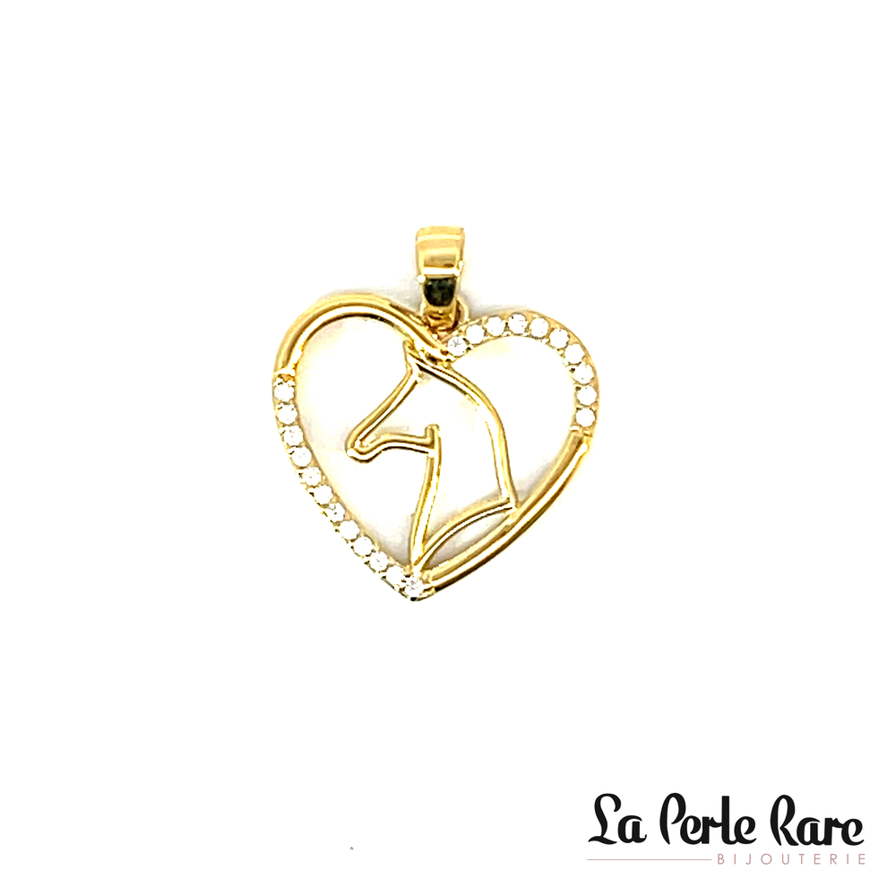 Pendentif coeur et cheval, or jaune 10 carats, zircons incolores - PAZ-1319-J - Exclusivités