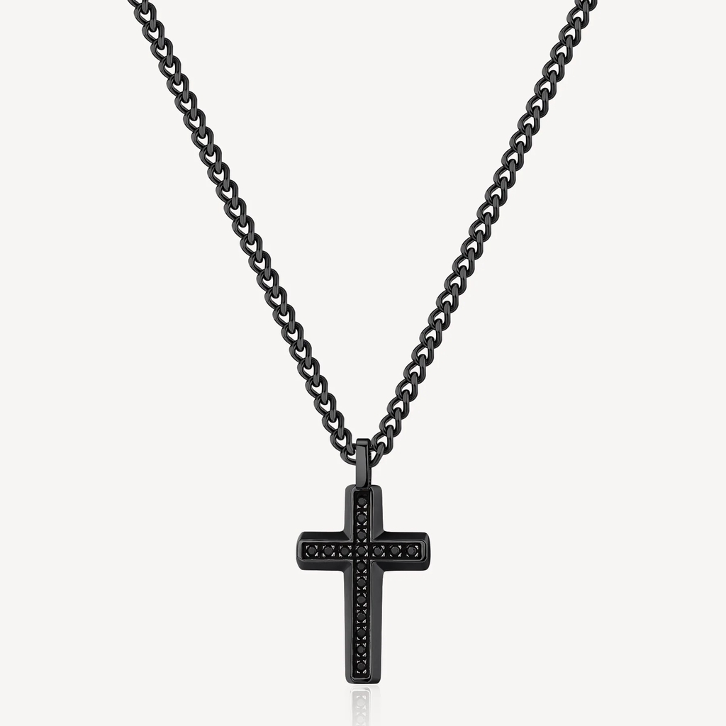 Collier croix Backliner, acier inoxydable noir, zircons noirs