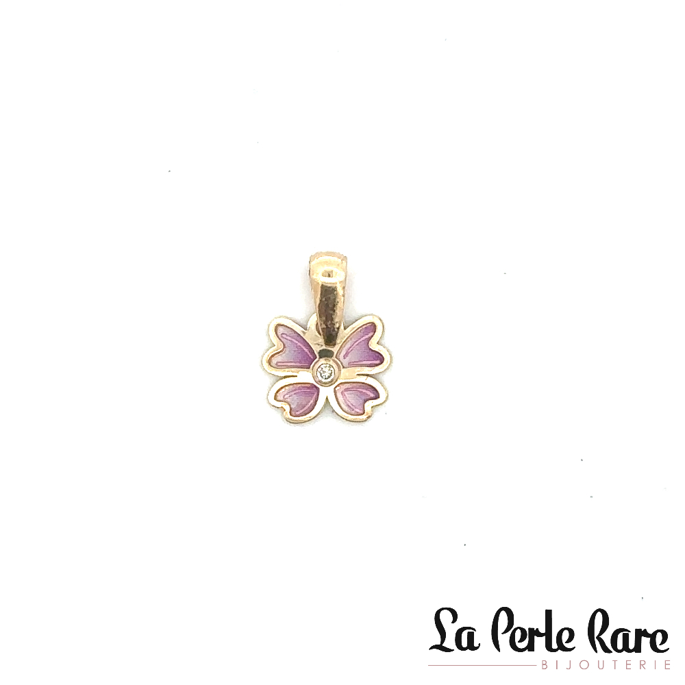 Pendentif fleur, or jaune 10 carats, émail rose, zircon incolore - 13582-P-ROSE - Exclusivités