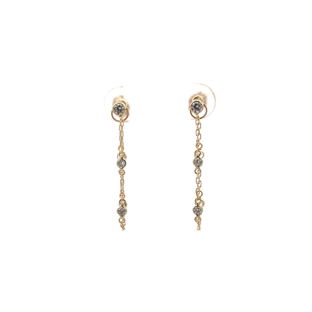 Boucles d'oreilles fixes avec chaînette, or jaune 10 carats, zircons incolores