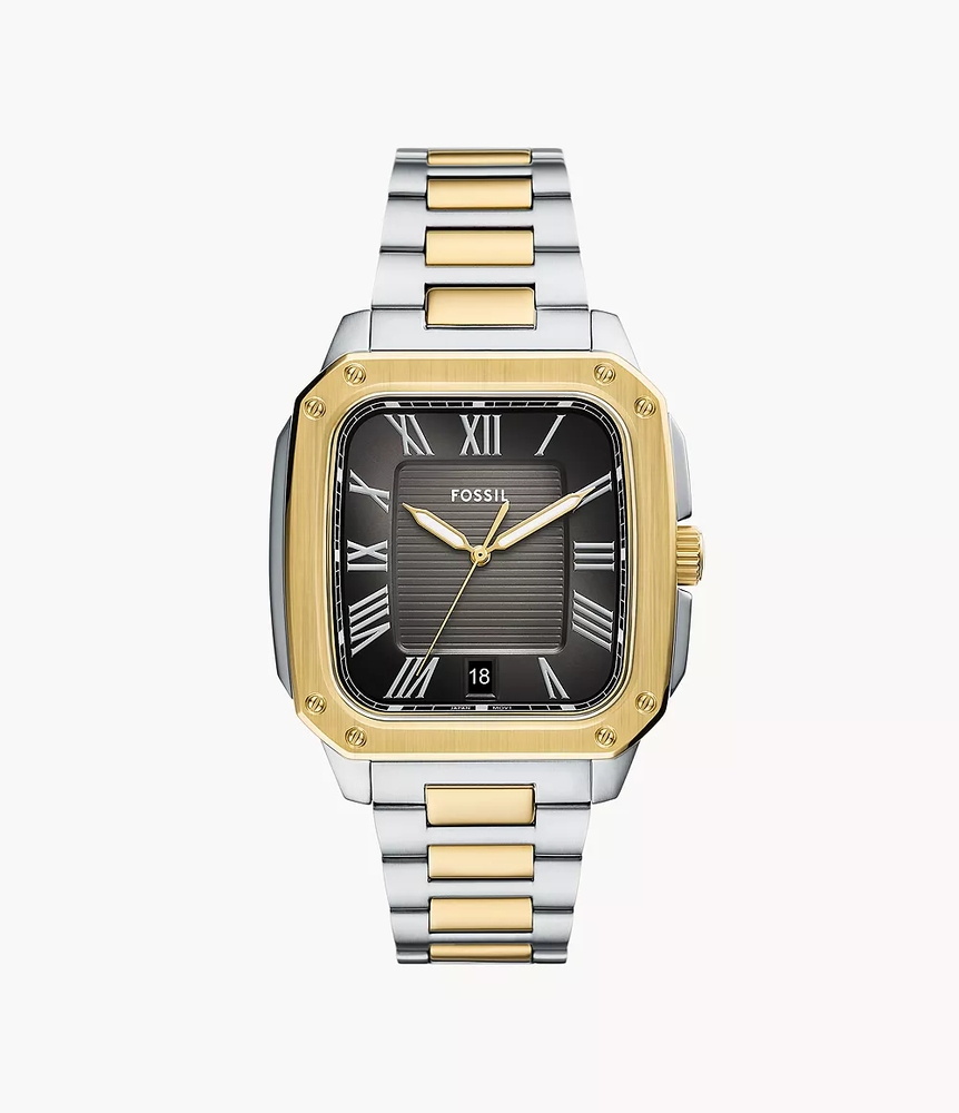 Montre carrée, acier inoxydable 2 tons (blanc et jaune), fond noir - FS6123 - Fossil