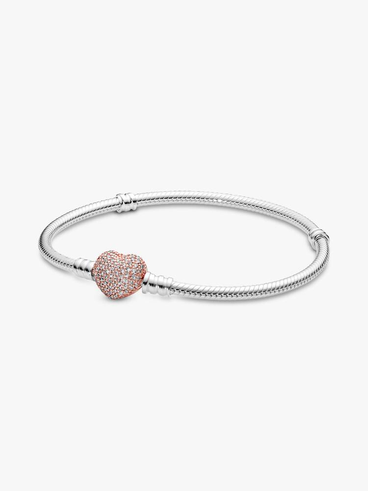 Bracelet fermoir coeur pavé, argent, métal unique plaqué d'or rose 14 carats, zircons incolores