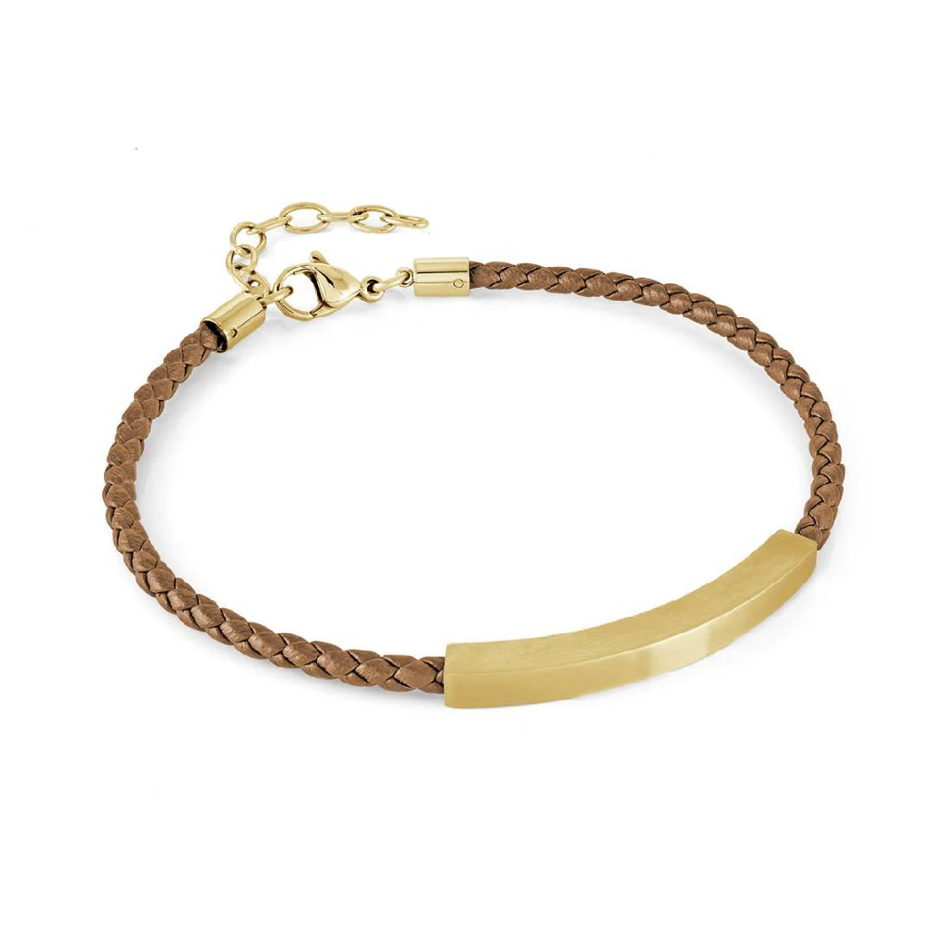 Bracelet cuir brun tressé, acier inoxydable doré