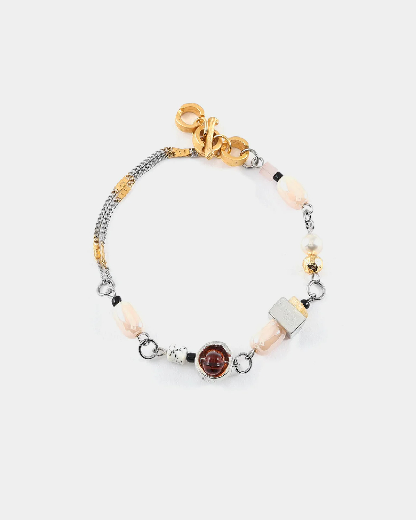 Bracelet étain 2 tons (blanc et jaune), verre coloré