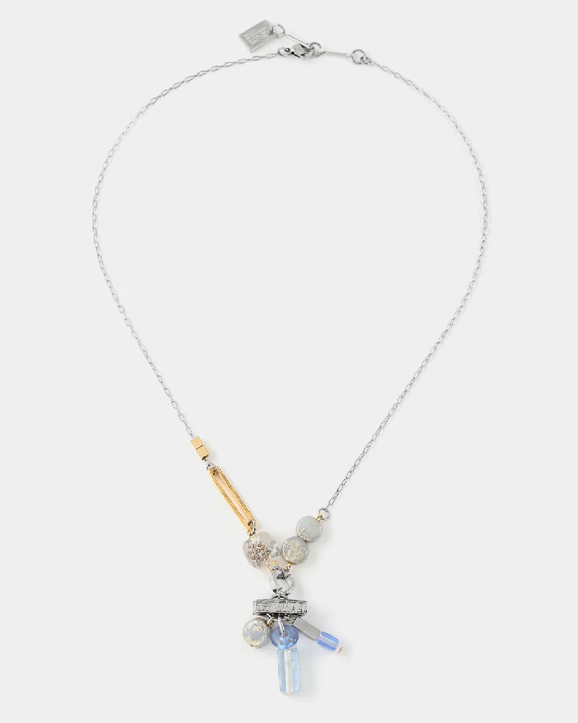 Collier étain 2 tons (blanc et jaune), verre coloré