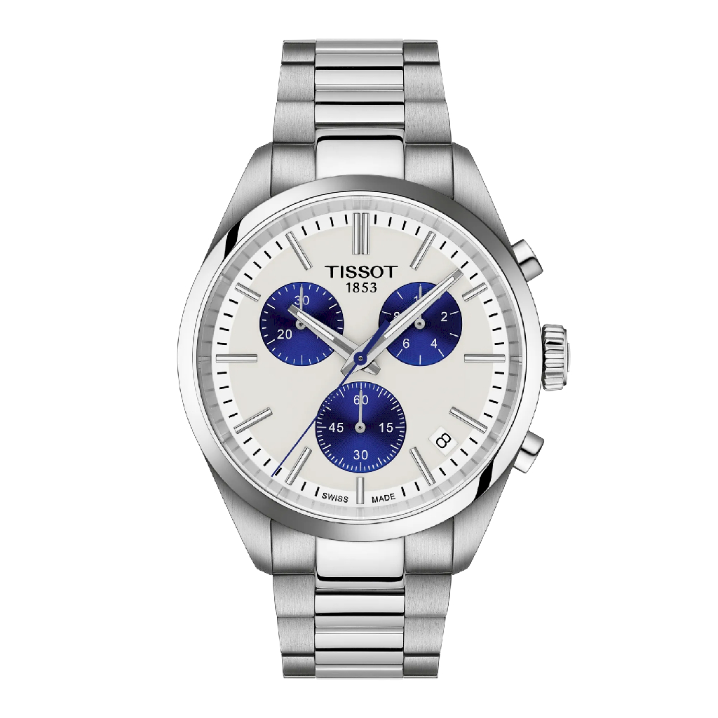 Montre PR 100, acier inoxydable, fond blanc et bleu