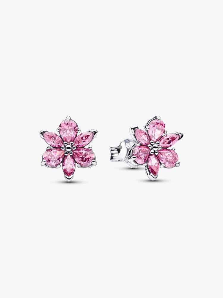 Boucles d'oreilles fixes herbier à fleur scintillante, argent, zircons roses