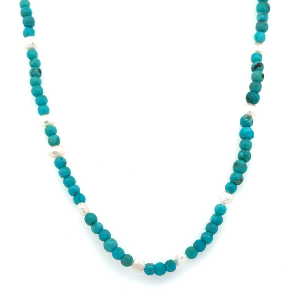 Collier turquoises, perles, fermoir argent