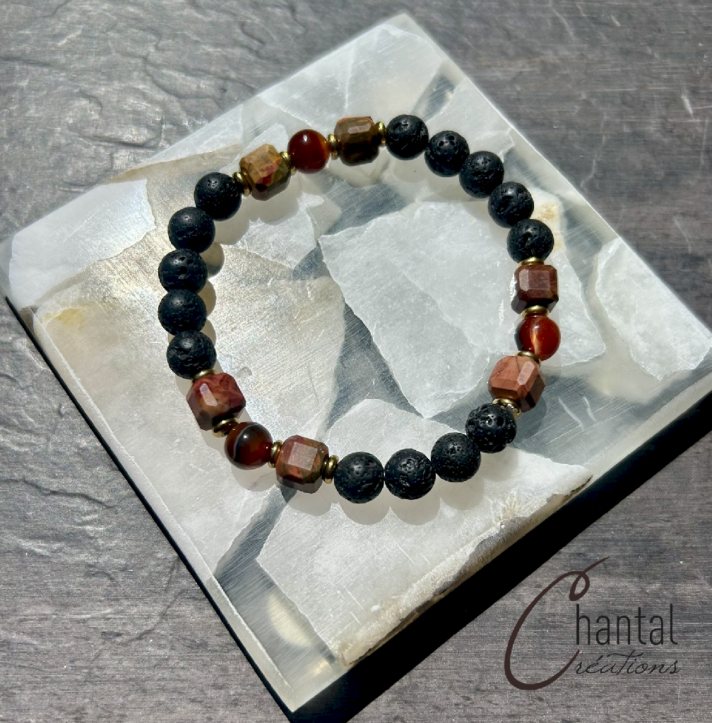Bracelet extensible Nicolas terra cotta, pierre de lave, jaspe Picasso, agate Dream Lace, acier inoxydable doré