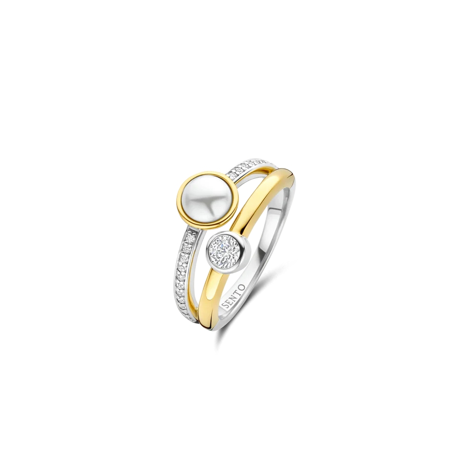 Bague argent 2 tons (blanc et jaune), zircons incolores, perle - 12376YP-54 - Ti Sento