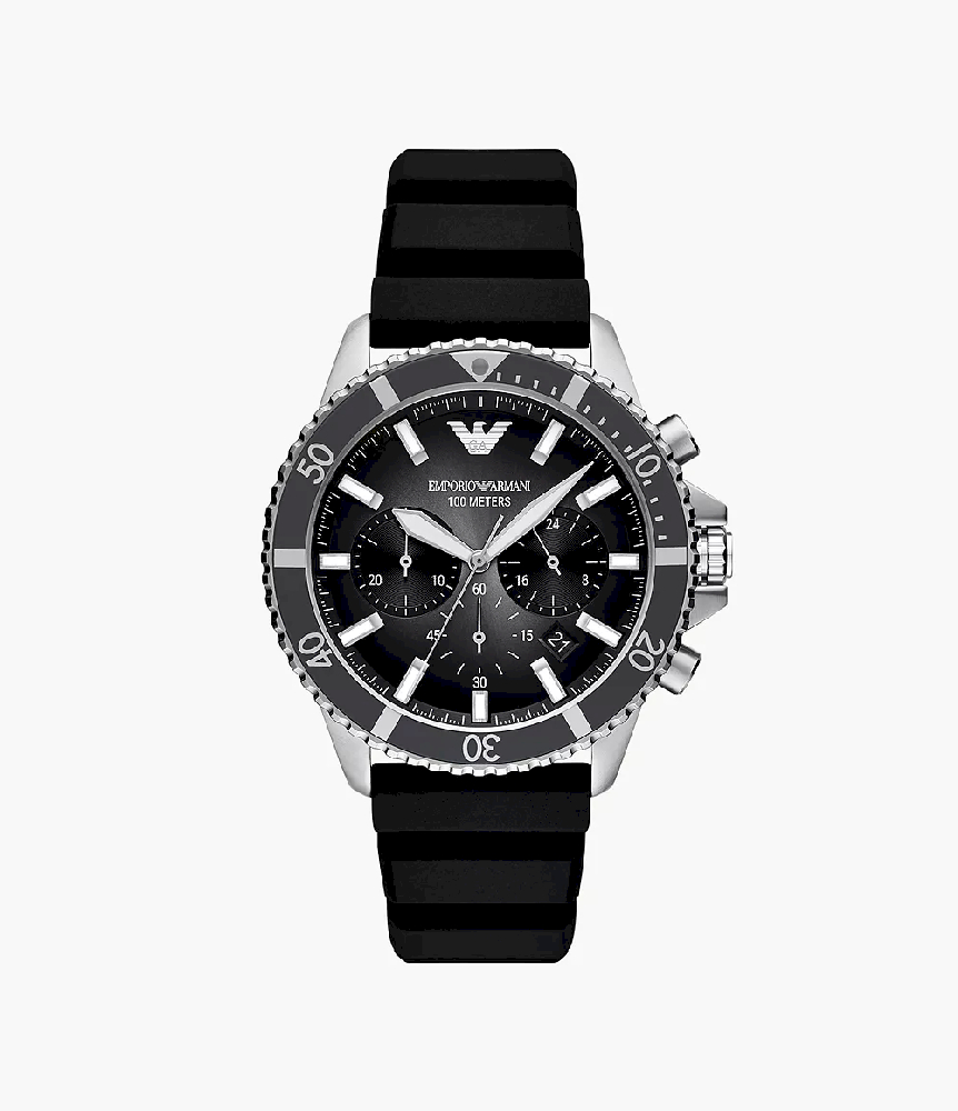 Montre chronographe World Explorer d'Emporio Armani avec un bracelet en silicone noir. - AR11619 - Emporio Armani