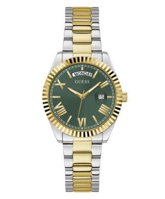 Two tone stainless steel watch white yellow green dial