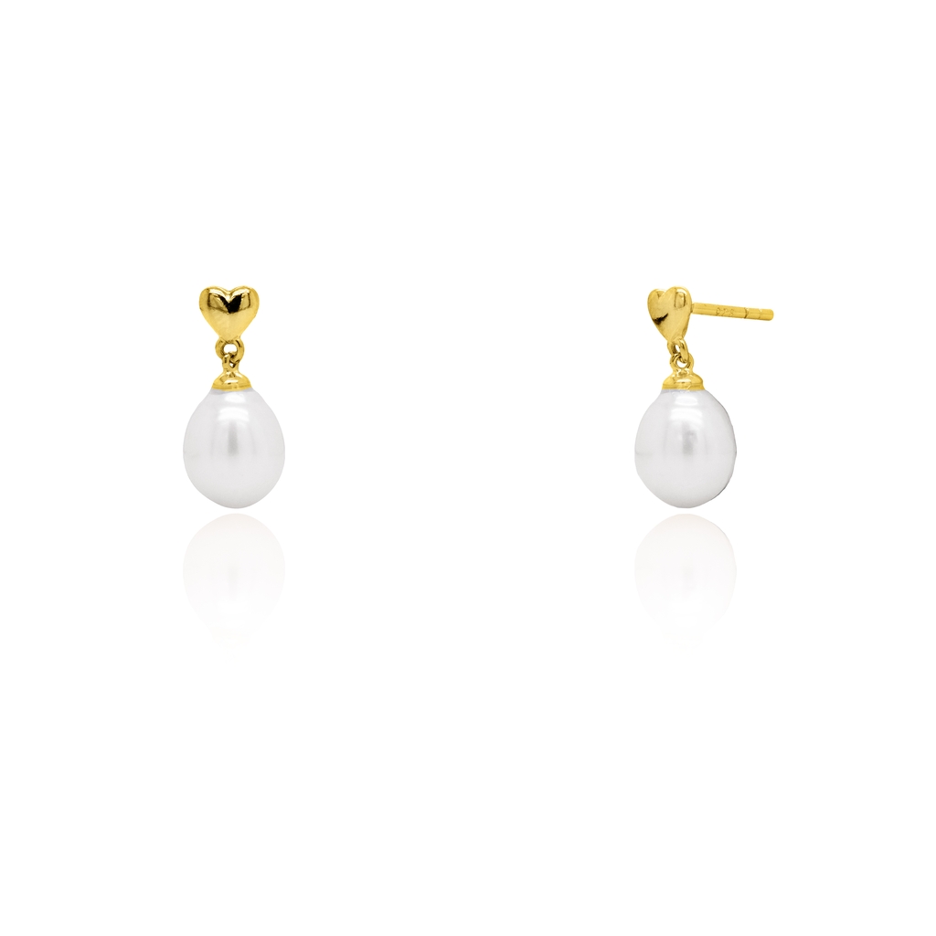 Boucles d'oreilles pendantes coeurs, argent finition or jaune, perles d'eau douce 8-10 millimètres Boucles d'oreilles pendantes coeurs, argent finition or jaune, perles d'eau douce 8-10 millimètres