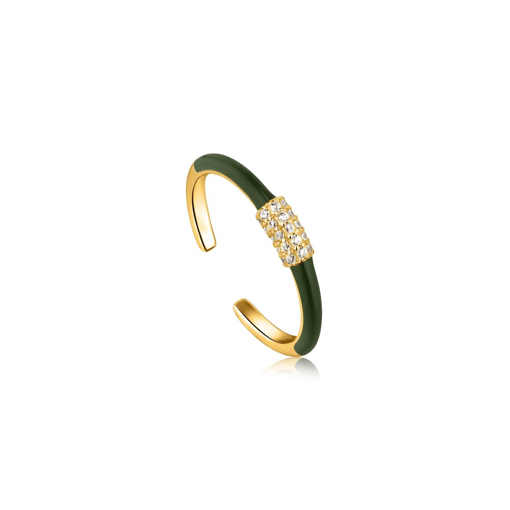 Bague ajustable, argent doré, émail vert, zircon - R031-01G-G - Ania Haie