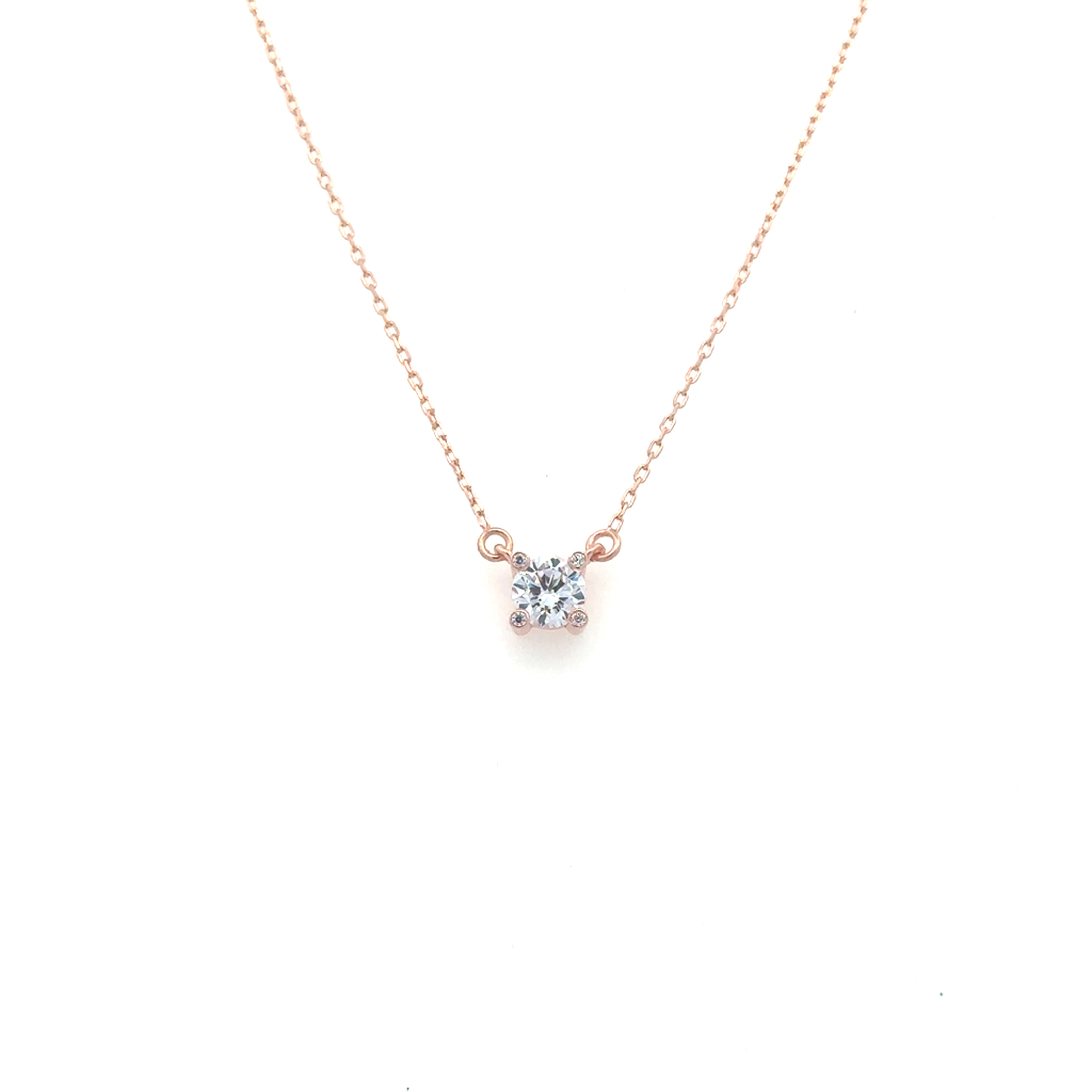 Collier solitaire, or rose 10 carats, zircon incolore