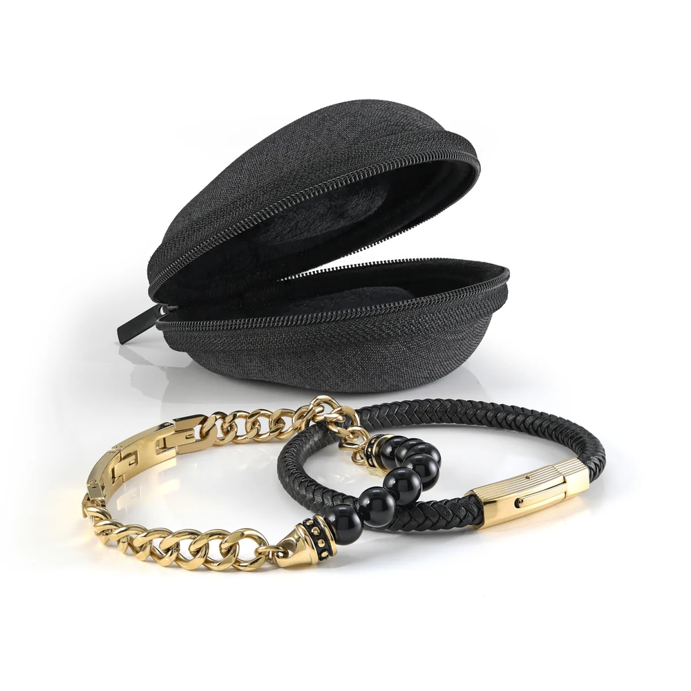 Ensemble bracelets, cuir noir tressé, acier inoxydable doré, agates, pochette de voyage - STACK-18 - Italgem Steel