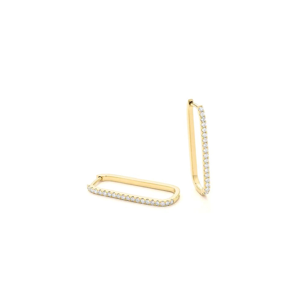 Rectangular huggie hoops in sterling silver yellow gold finish, zirconia