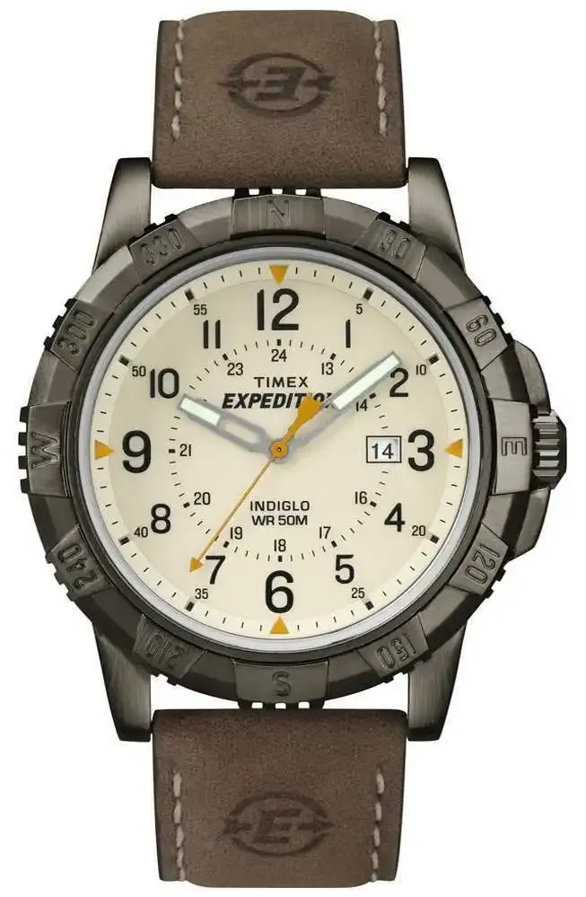 Montre Expédition, cuir brun, métal anthracite, fond beige - T499909J - Timex