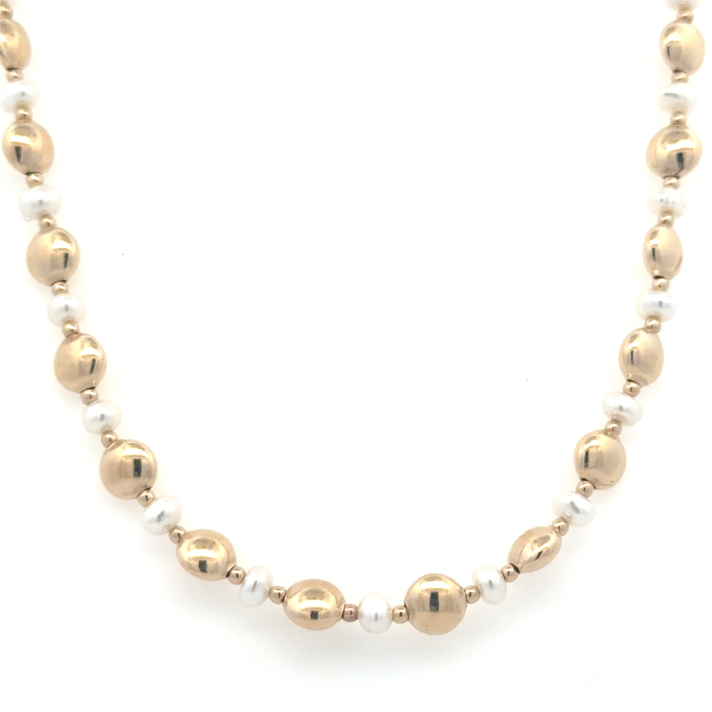 Collier métal doublé d'or 14 carats, perles, 4 millimètres