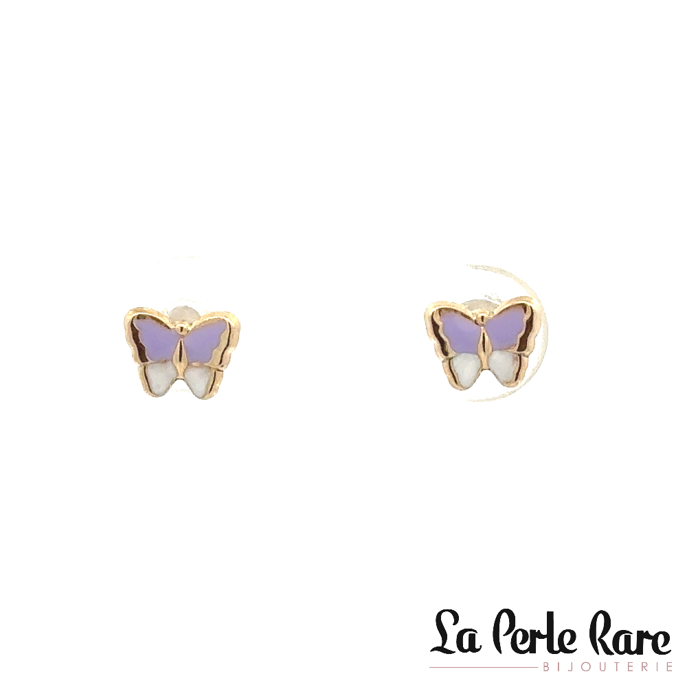 Boucles d'oreilles fixes vissées papillons, or jaune 10 carats, émail mauve et blanc - 8994-MAUVE - Exclusivités