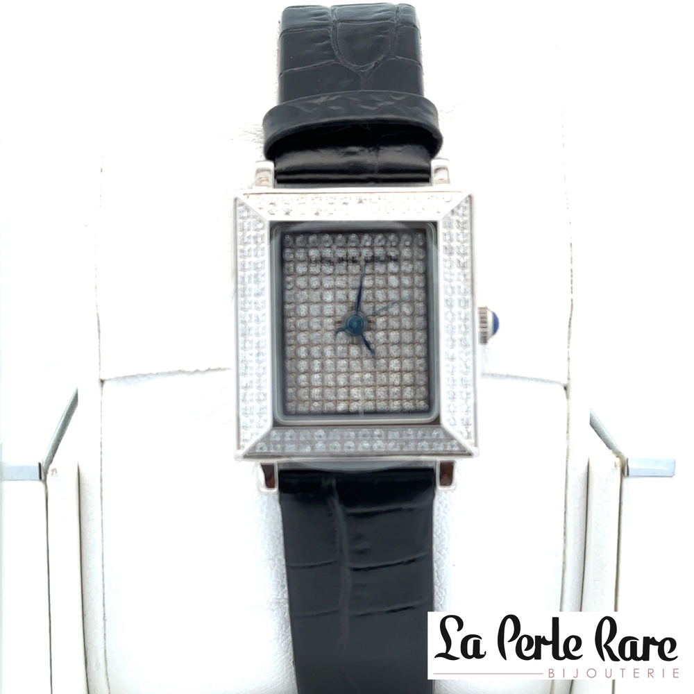 Montre rectangulaire Céline Dion, cuir noir, acier inoxydable, zircons incolores - 107-CDQT-135A - Exclusivités