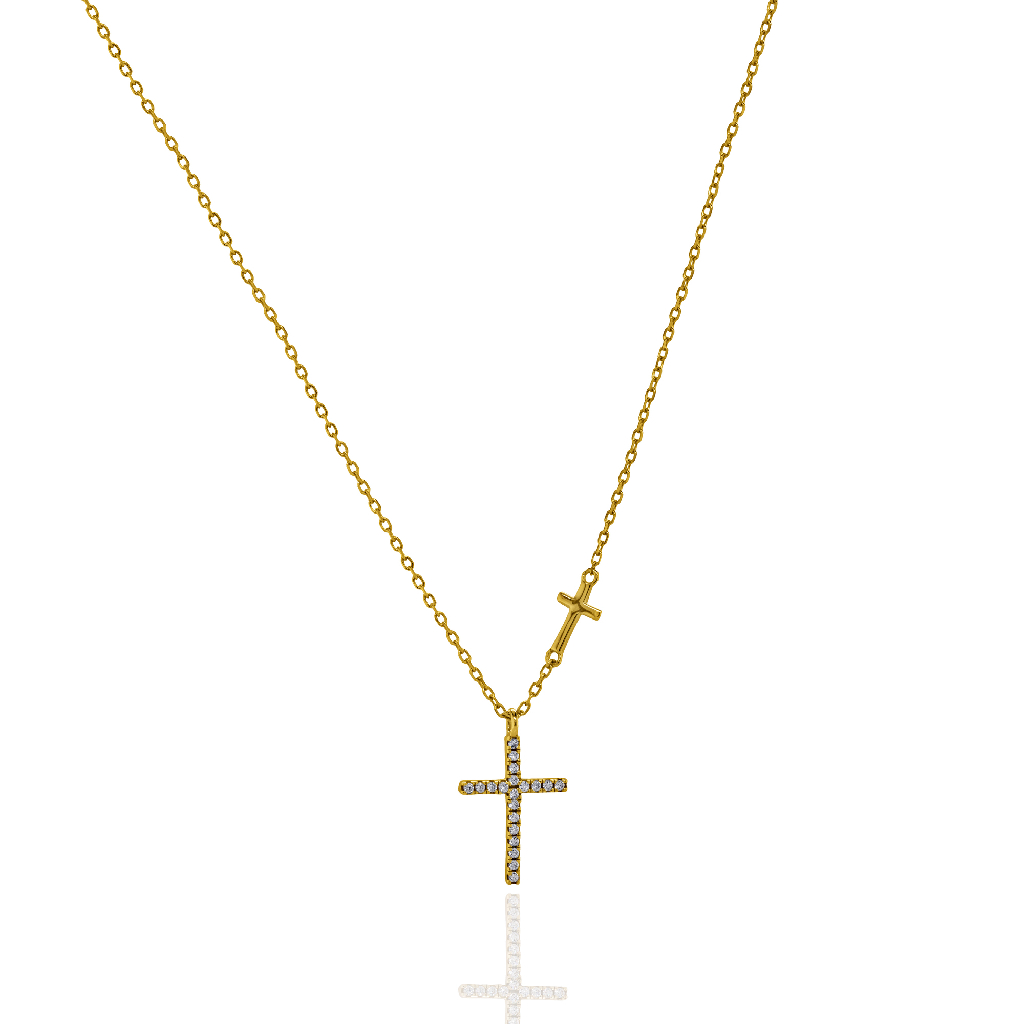 Pendentif croix, argent doré, zircons incolores