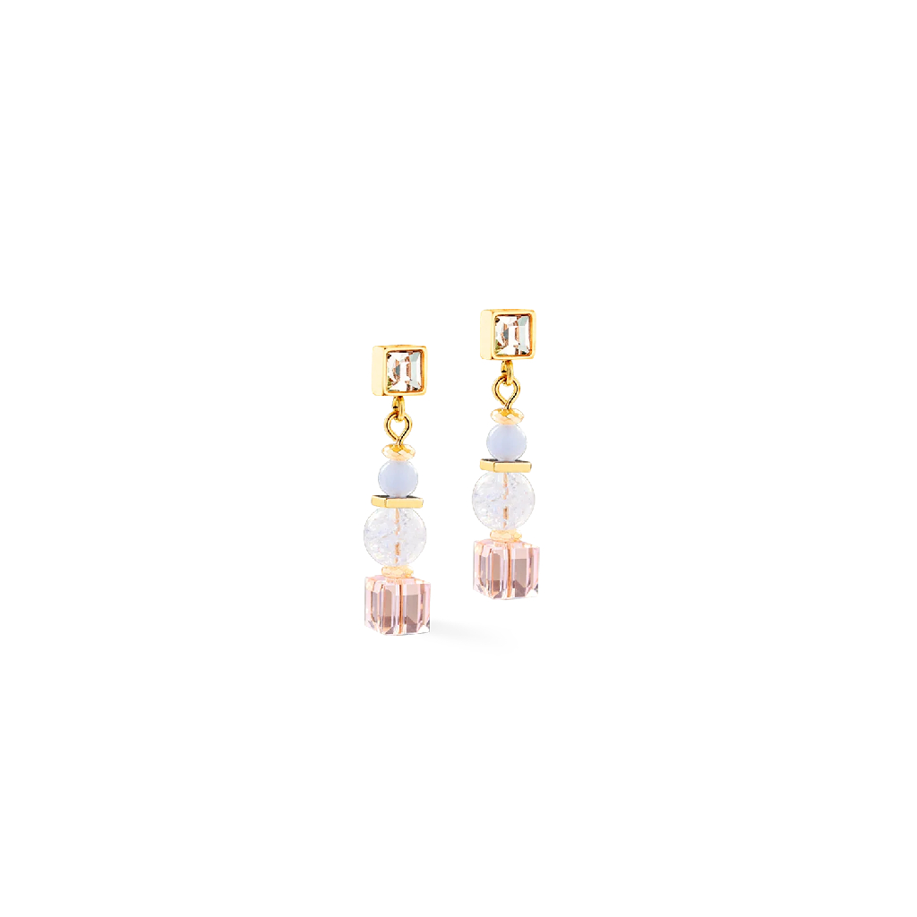 Boucles d’oreilles pendantes acier inoxydable doré, verre, cristaux Boucles d’oreilles pendantes acier inoxydable doré, verre, cristaux