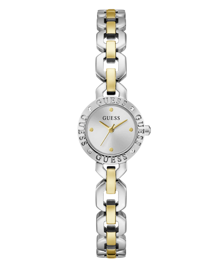 Montre GUESS acier inoxydable deux tons (blanc et jaune), zircons incolores