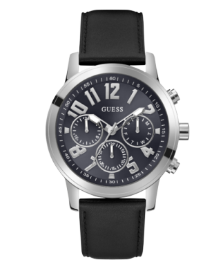 Black leather watch, stainless steel, black dial Black leather watch, stainless steel, black dial