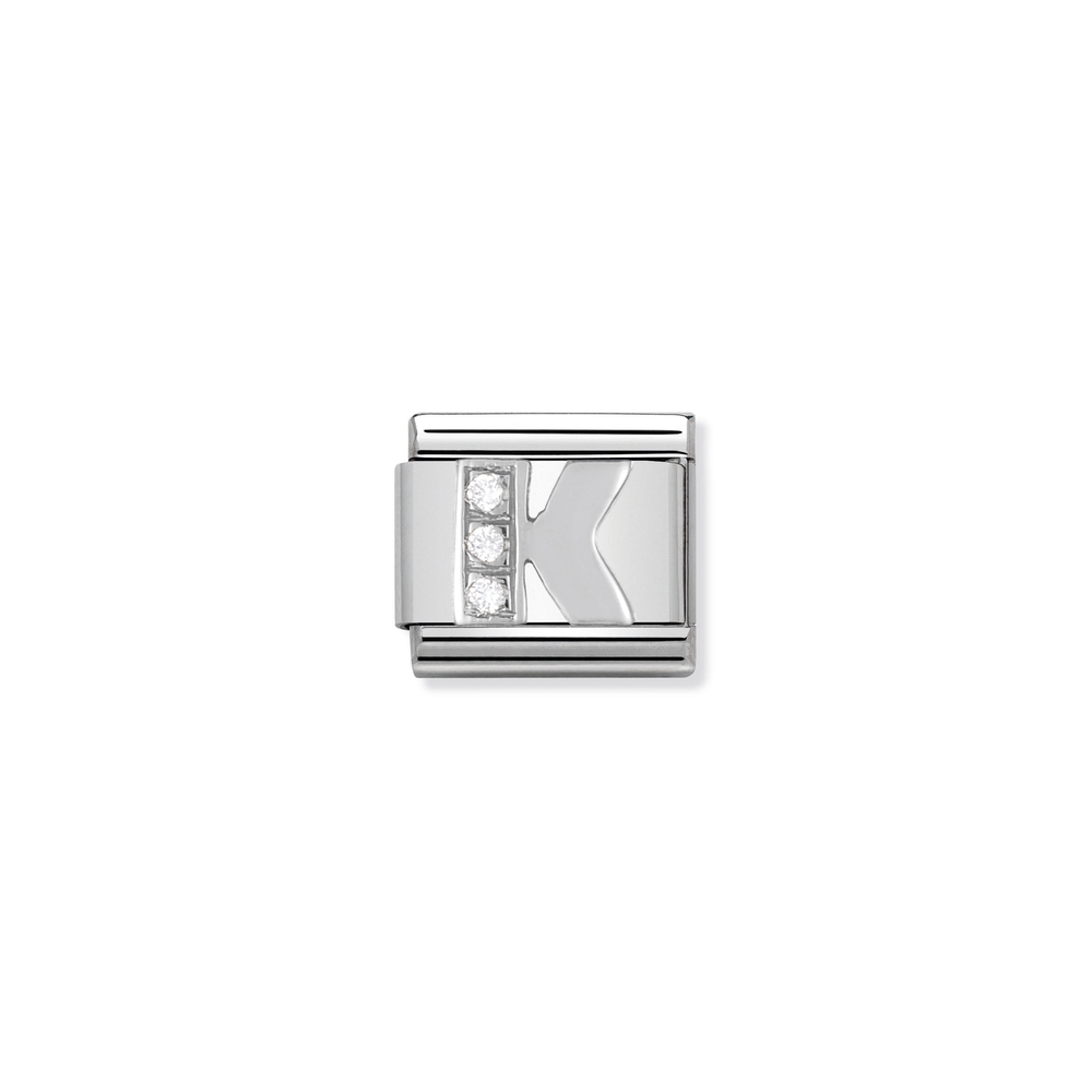 Maille classique lettre K, acier inoxydable, argent, zircons incolores - 33030111 - NOMINATION