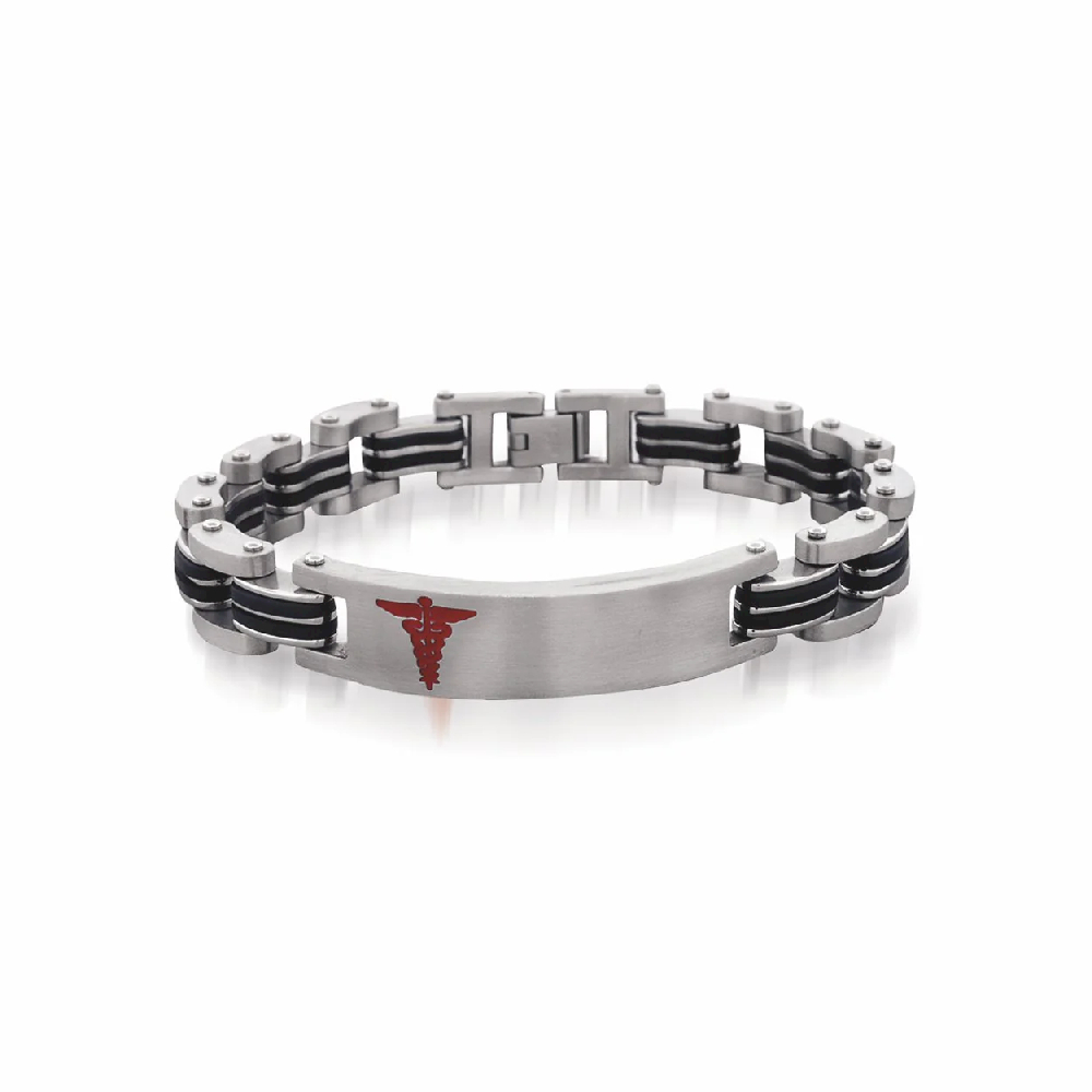 Bracelet médical, acier inoxydable 2 tons (blanc/rouge), silicone noir - SMAB4 - Italgem Steel