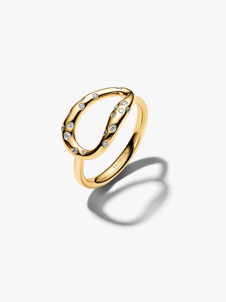 Bague de forme organique, métal unique plaqué d'or 14 carats, zircons incolores
