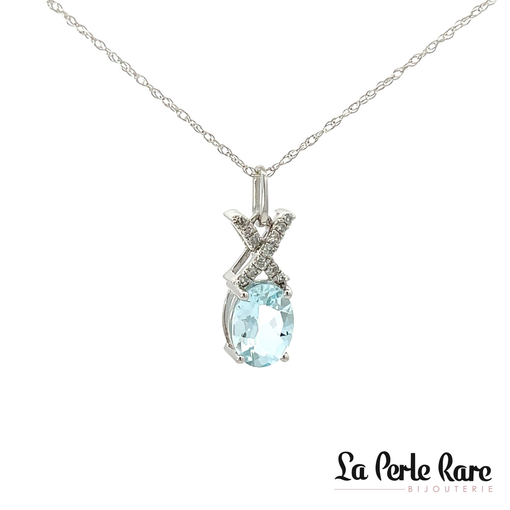 Pendentif or blanc, aigue-marine, 10 pts dia tot Pendentif or blanc, aigue-marine, 10 pts dia tot