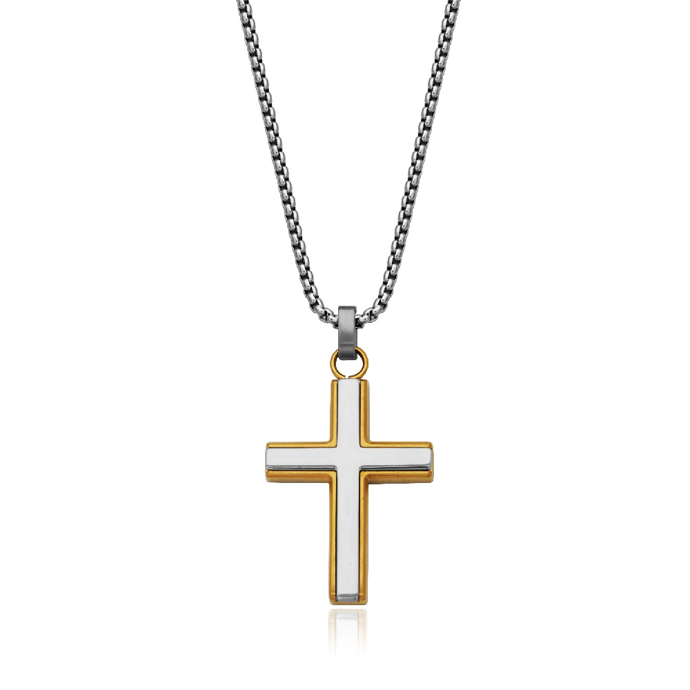 Pendentif croix, acier inoxydable 2 tons (blanc/jaune) - T3XH560224 - Steelx