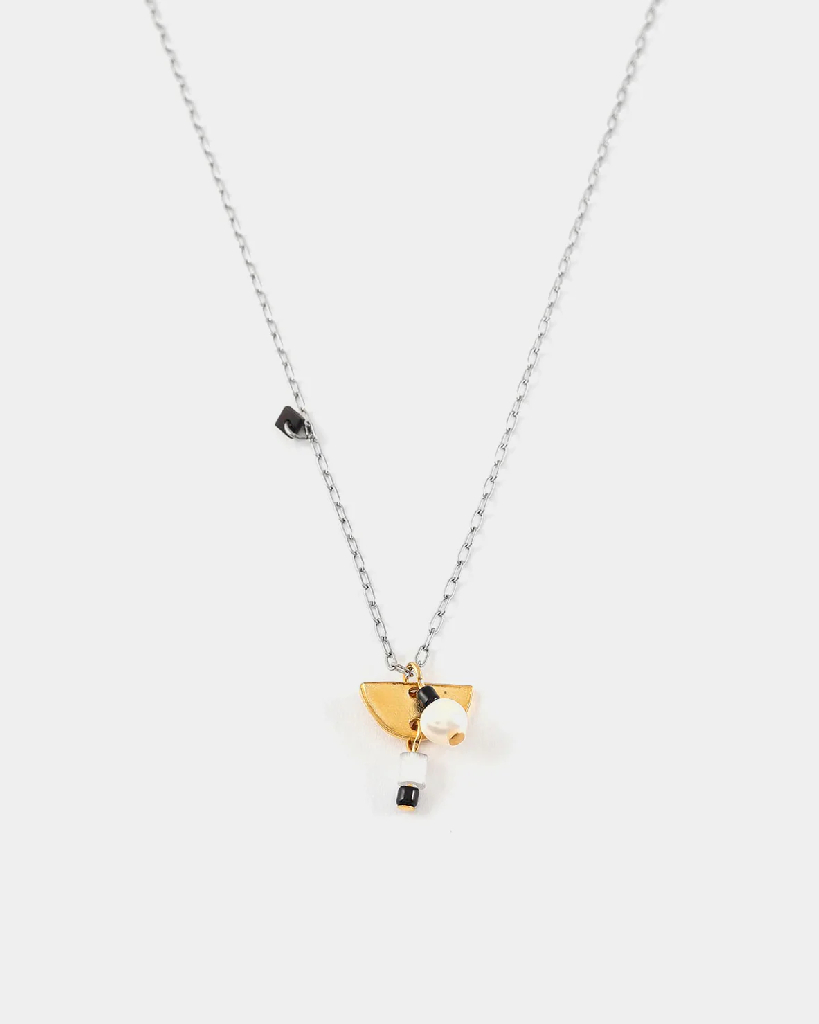 Collier étain 2 tons (blanc et jaune), verre coloré, perle d'eau douce