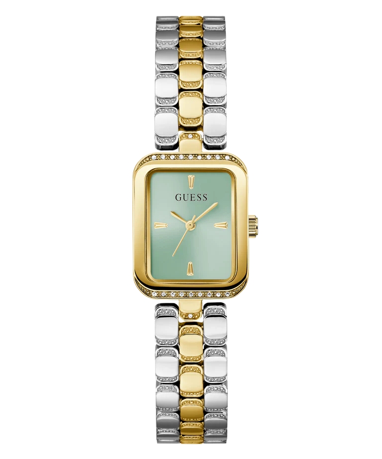 Montre rectangulaire, acier inoxydable 2 tons (blanc et jaune), zircons, fond vert - GW0865L4 - Guess