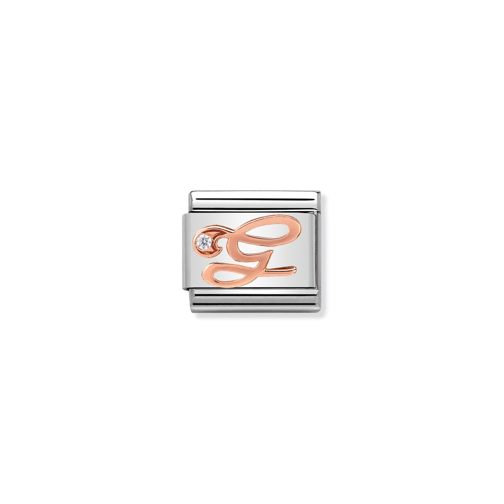 Maille classique lettre G, acier inoxydable, or rose 9k, zircon incolore - 43031007 - NOMINATION