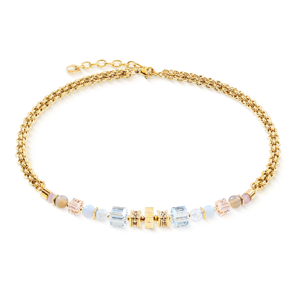 Collier acier inoxydable doré, verre, cristaux